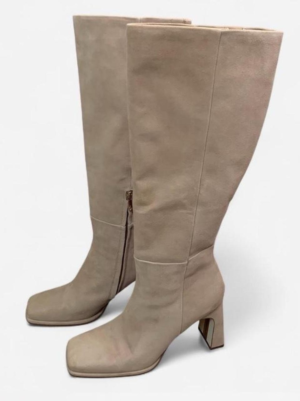 Sam Edelman Issabel Knee High Boots Womens 9.5 M Beige Suede Leather Block Heel
